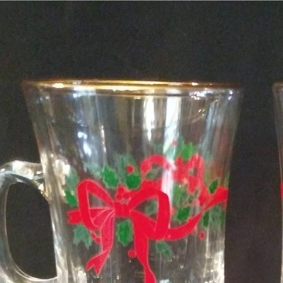 2 Vintage Libbey Clear Glass Pedestal Christmas Bow Irish Coffee Mugs Gold Trim - Picture 7 of 11